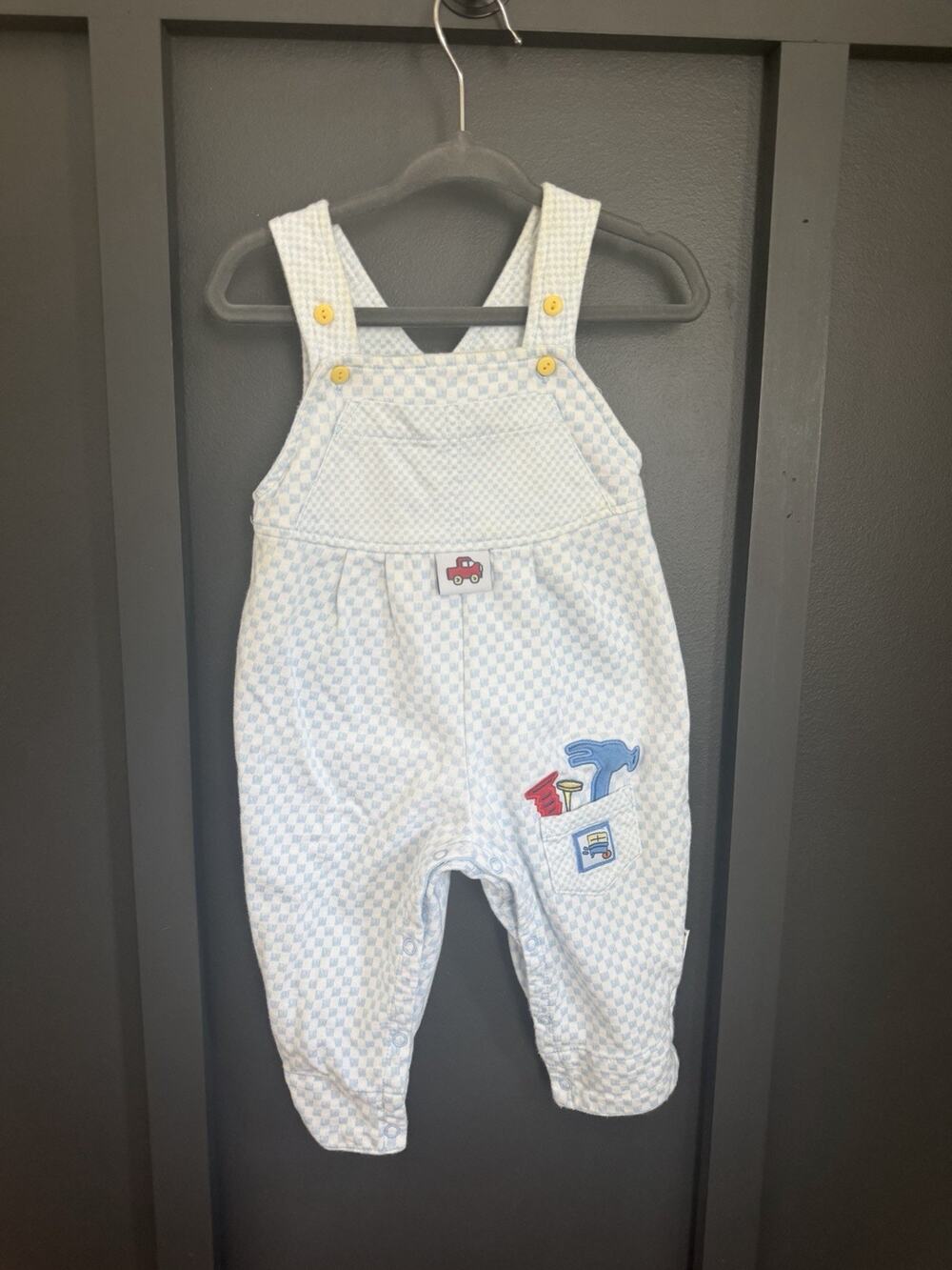 Vintage Gymboree Baby Boys White Blue Check Overalls Construction Cotton Newborn